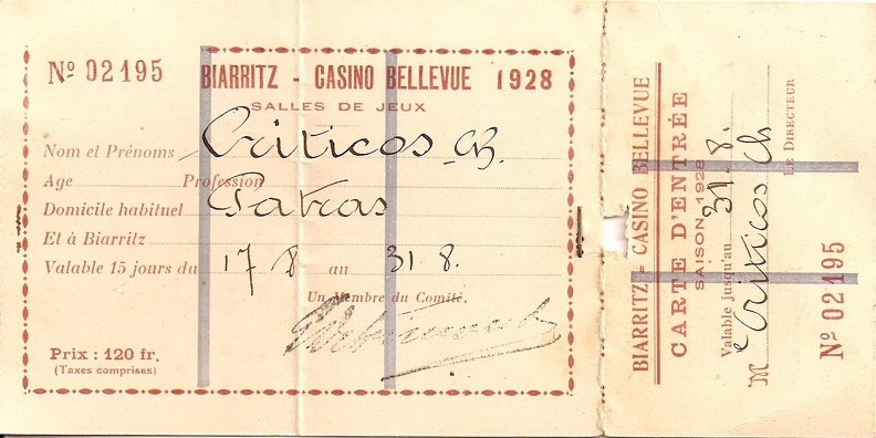20. Κάρτα εισόδου σε γαλλικό CASINO, το 1928 (η κάρτα ανήκε στο γνωστό Πατρινό εργοστασιάρχη Χαρ. Κρητικό).jpg
